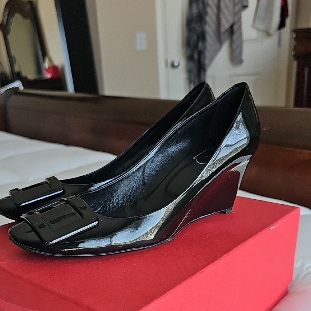 Roger Vivier Black Patent Buckle Wedges